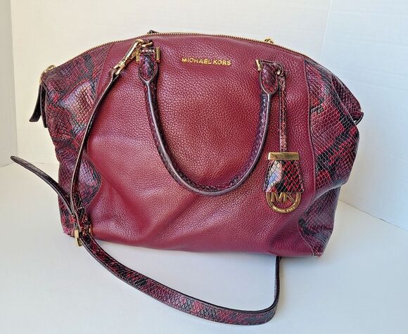 Michael Kors Handbags - Michael Kors Burgundy Leather Python Embossed Satchel Shoulder Bag Purse Large